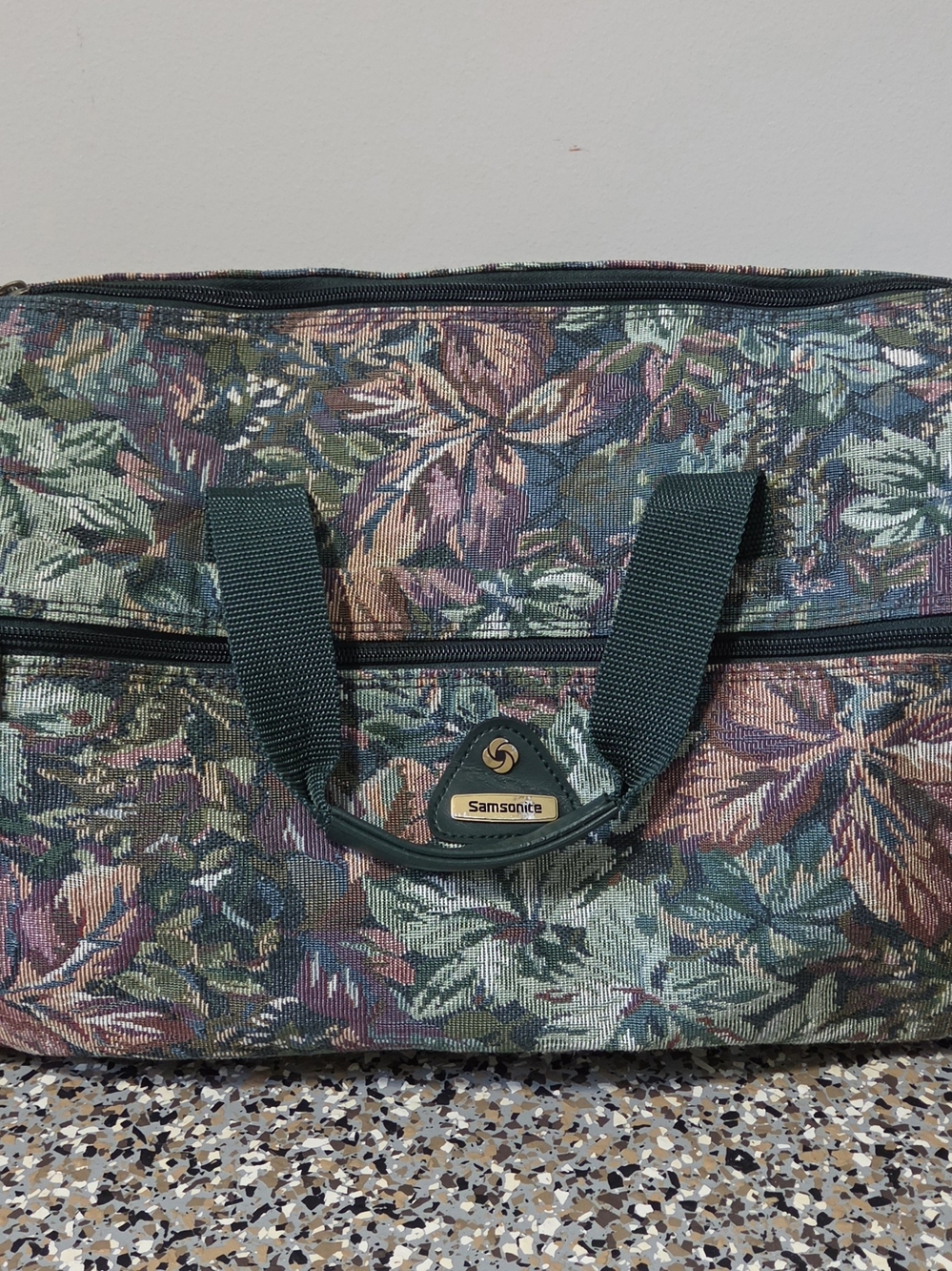 Vintage Samsonite Green Multi Floral Tapestry Travel Tote